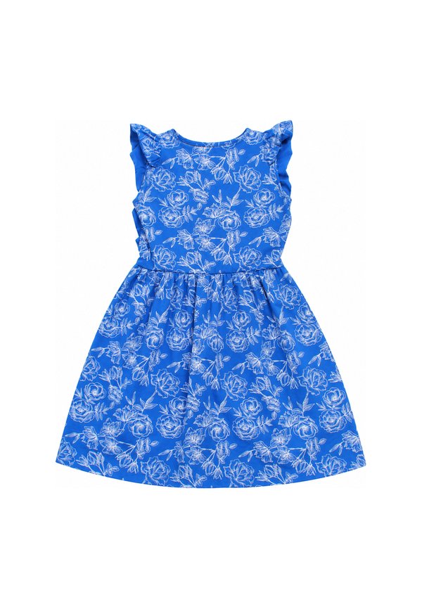 Floral Outline Drawing Fluff Sleeve Girl's Dress BLUE