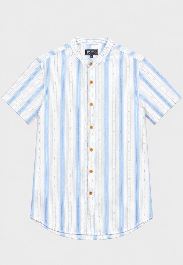 Korean Vertical Stripe Mandarin Collar Short Sleeve Men's Shirt BLUE