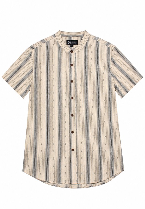 Korean Vertical Stripe Mandarin Collar Short Sleeve Men's Shirt CREAM