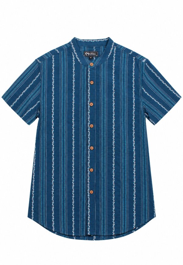 Vertical Embroidery Classic Mandarin Collar Short Sleeve Men's Shirt BLUE