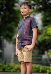 Oriental Rings Print Mandarin Collar Short Sleeve Shirt NAVY (Boy's Shirt)