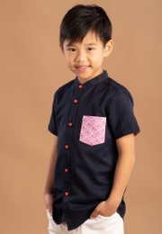 Seashell Print Pocket Mandarin Collar Short Sleeve Shirt NAVY (Boy's Shirt)