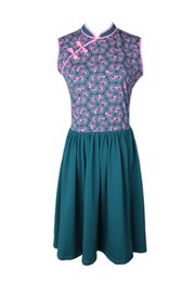 Floral Patterned Print Cheongsam Inspired Dress TURQUOISE (Ladies' Dress)