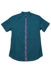 Floral Patterned Print Mandarin Collar Short Sleeve Shirt TURQUOISE (Men's Shirt