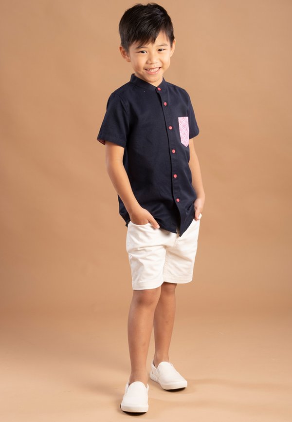 Seashell Print Pocket Mandarin Collar Short Sleeve Shirt NAVY (Boy's Shirt)