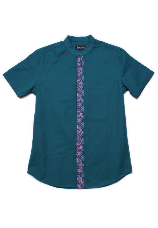 Floral Patterned Print Mandarin Collar Short Sleeve Shirt TURQUOISE (Men's Shirt