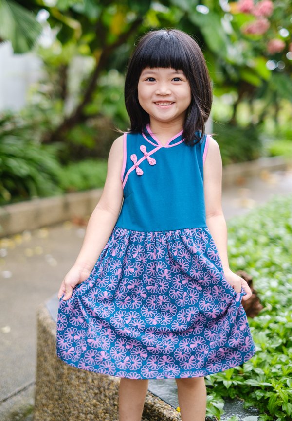 Floral Patterned Print Cheongsam Inspired Dress TURQUOISE (Girl's Dress)