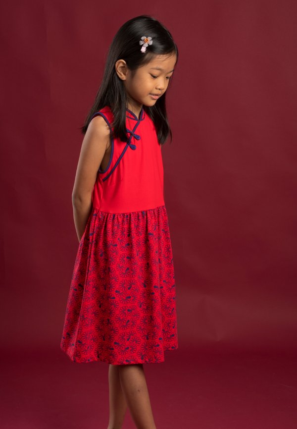 Floral Patterned Print Cheongsam Inspired Dress RED (Girl's Dress)