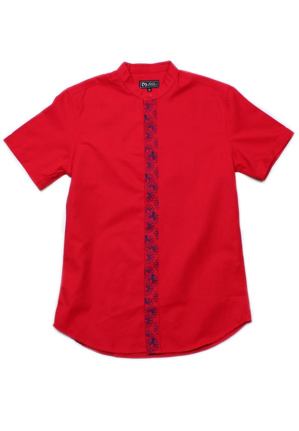 Floral Patterned Print Mandarin Collar Short Sleeve Shirt RED (Men's Shirt)