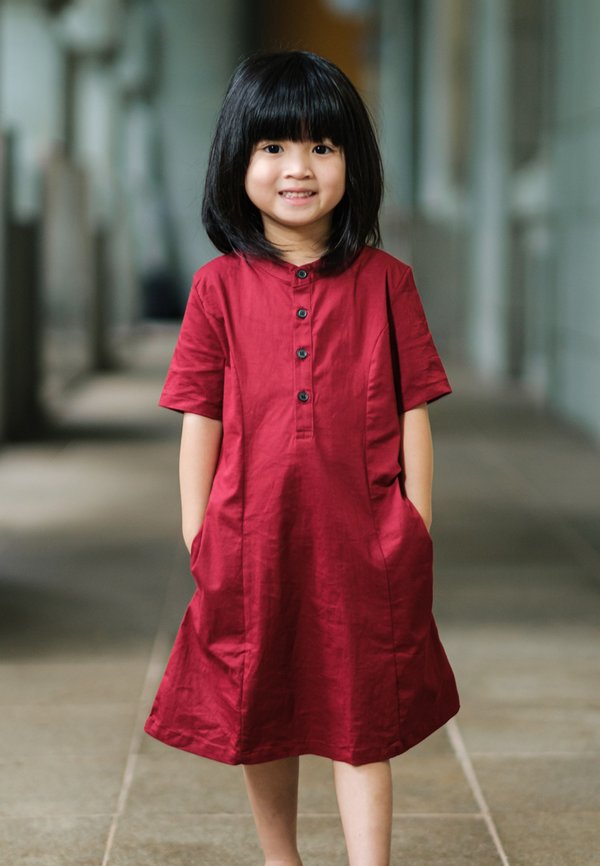 Brushed Cotton Half-Button Down Dress RED (Girl's Dress)