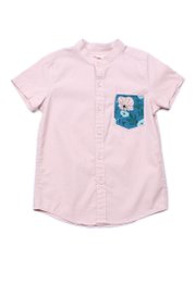 Lotus Foliage Embroidery Pocket Mandarin Collar Short Sleeve Shirt PINK (Boy's Shirt)