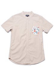 Lotus Foliage Embroidery Pocket Mandarin Collar Short Sleeve Shirt KHAKI (Men's Shirt)