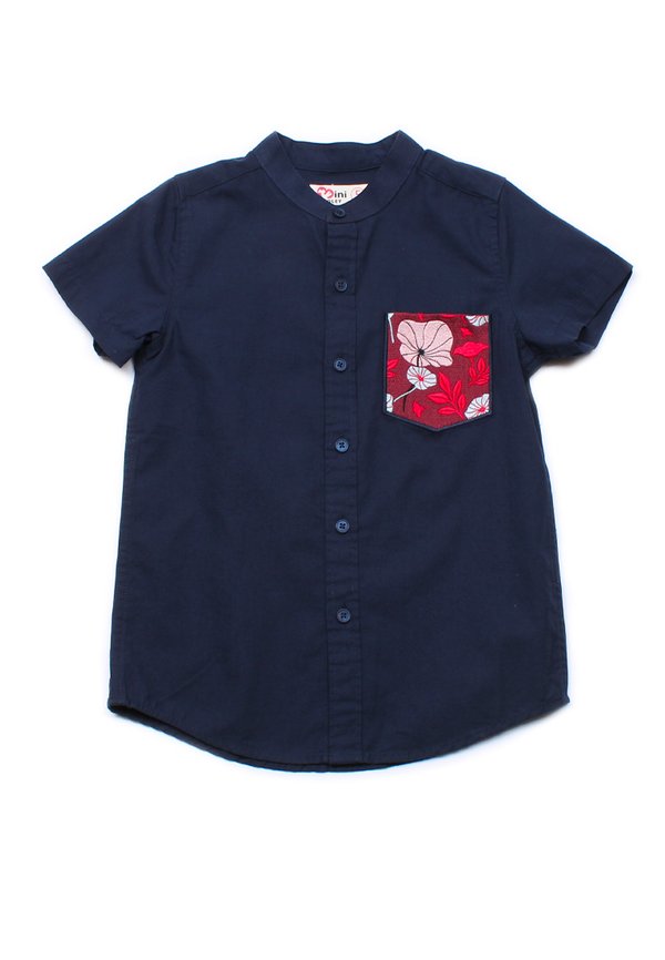 Lotus Foliage Embroidery Pocket Mandarin Collar Short Sleeve Shirt NAVY (Boy's Shirt)