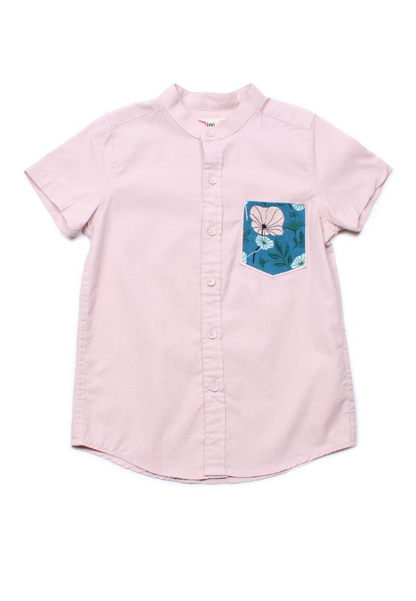 Lotus Foliage Embroidery Pocket Mandarin Collar Short Sleeve Shirt PINK (Boy's Shirt)