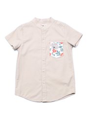 Lotus Foliage Embroidery Pocket Mandarin Collar Short Sleeve Shirt KHAKI (Boy's Shirt)
