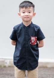 Lotus Foliage Embroidery Pocket Mandarin Collar Short Sleeve Shirt NAVY (Boy's Shirt)
