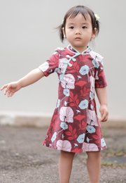 Lotus Foliage Print Cheongsam Inspired Dress RED (Girl's Dress)