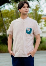 Lotus Foliage Embroidery Pocket Mandarin Collar Short Sleeve Shirt PINK (Men's Shirt)