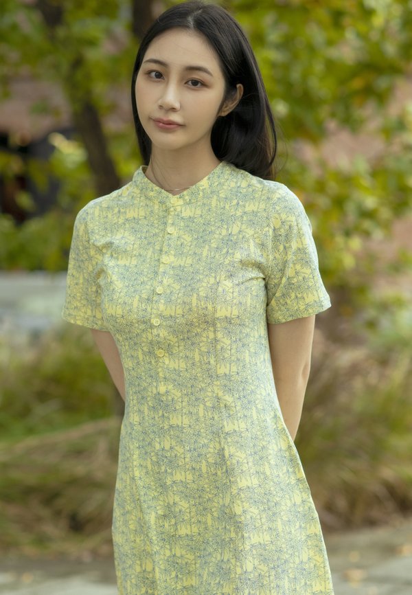 Bamboo Print Half-Button Down Dress YELLOW (Ladies' Dress)