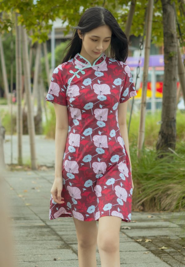 Lotus Foliage Print Cheongsam Inspired Dress RED (Ladies' Dress)