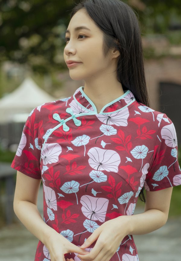 Lotus Foliage Print Cheongsam Inspired Dress RED (Ladies' Dress)