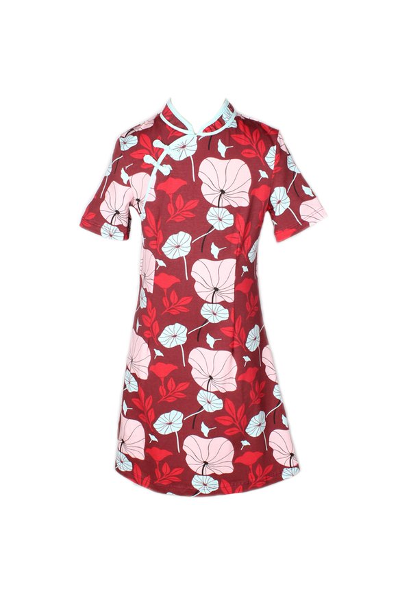 Lotus Foliage Print Cheongsam Inspired Dress RED (Girl's Dress)