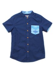 Classic Motif Print Pocket Mandarin Collar Short Sleeve Shirt NAVY (Boy's Shirt)