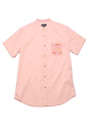 Classic Motif Print Pocket Mandarin Collar Short Sleeve Shirt PINK (Men's Shirt)