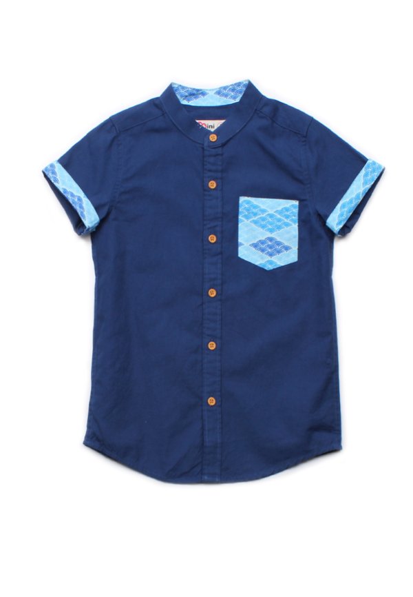 Classic Motif Print Pocket Mandarin Collar Short Sleeve Shirt NAVY (Boy's Shirt)
