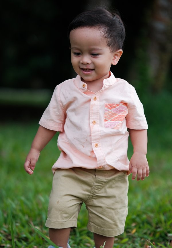 Classic Motif Print Pocket Mandarin Collar Short Sleeve Shirt PINK (Boy's Shirt)