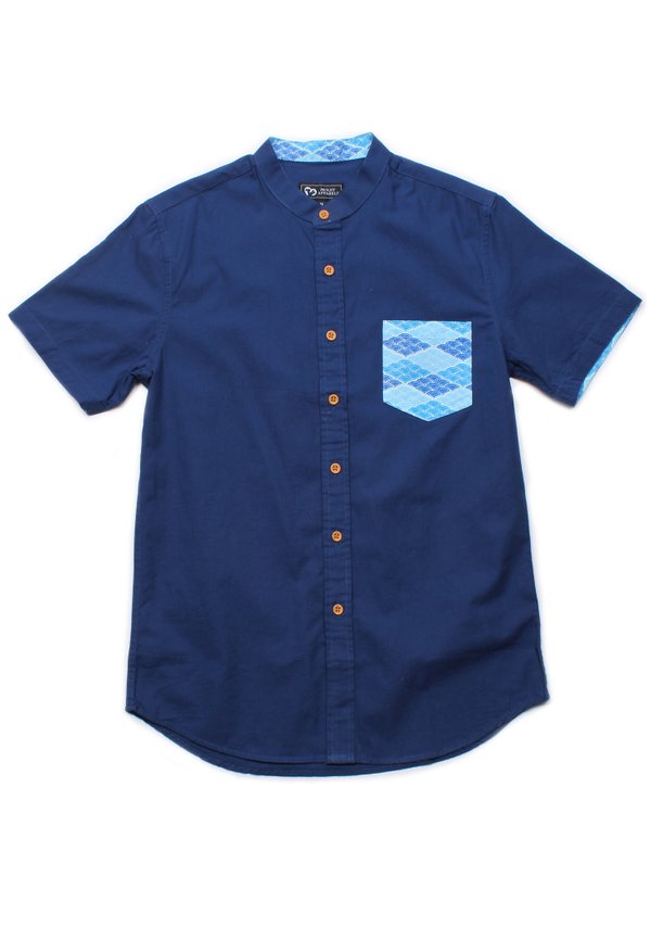 Classic Motif Print Pocket Mandarin Collar Short Sleeve Shirt NAVY (Men's Shirt)